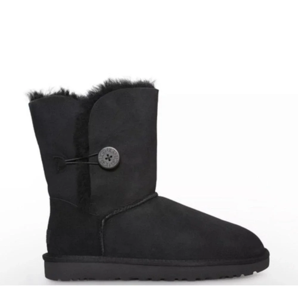UGG Australia Bailey Button Black Suede Sheepskin Mid Calf Boots Womens size 7